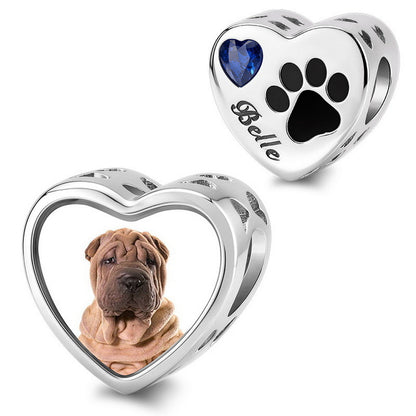 Personalized Birthtone and Engraved Paw Print Heart Photo Charm S925