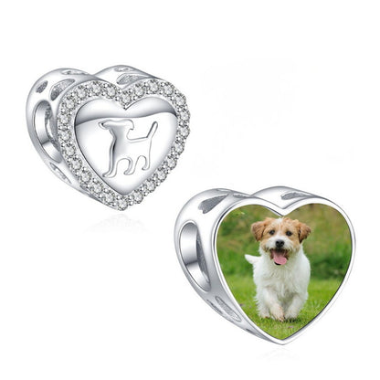 Personalized Dog Silhouette Heart Photo Charm S925 Silver Pave Bead