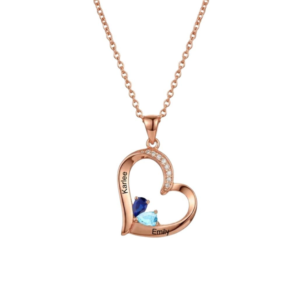 Rose gold custom heart necklace with 2 birthstones
