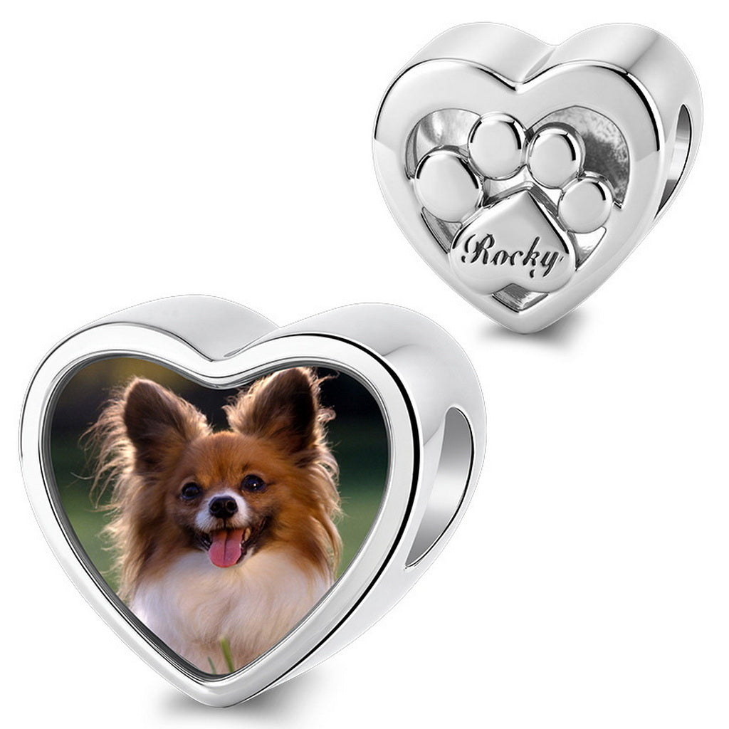 Custom Pet Photo Paw and Bone Pave CZ Heart Charm S925 Sterling Silver