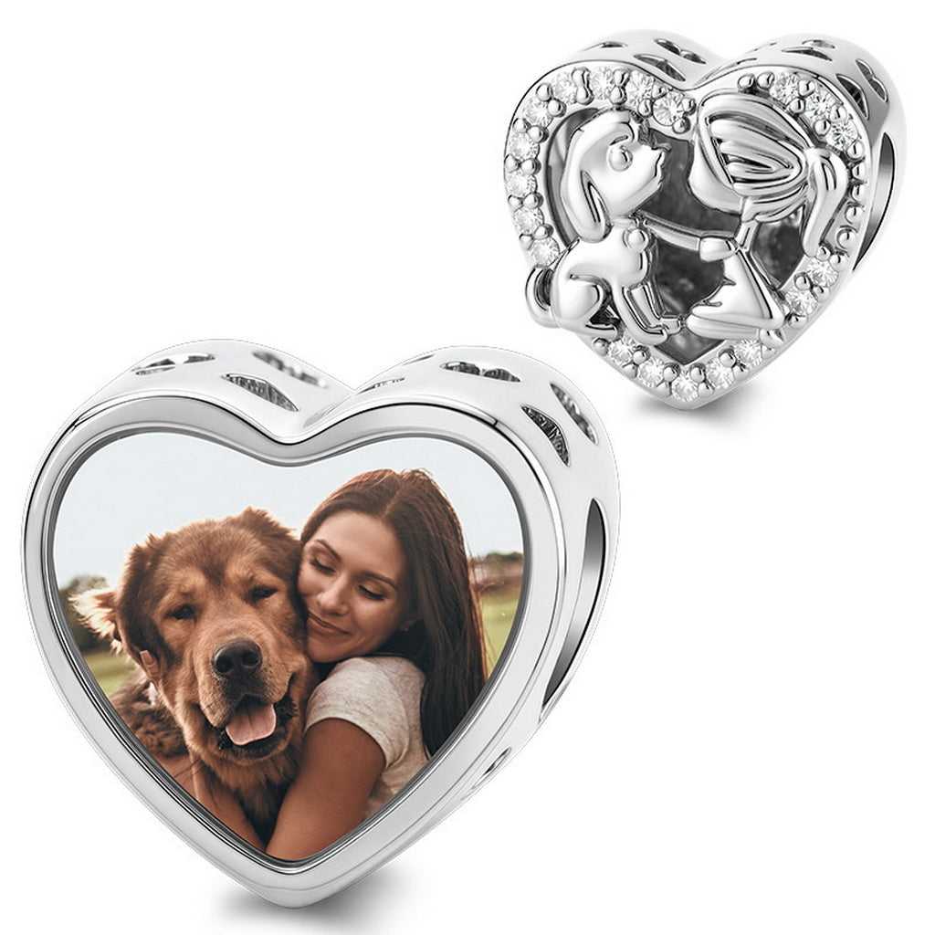 Personalized Girl and Dog Hug Heart Photo Charm S925 Sterling Silver Bead