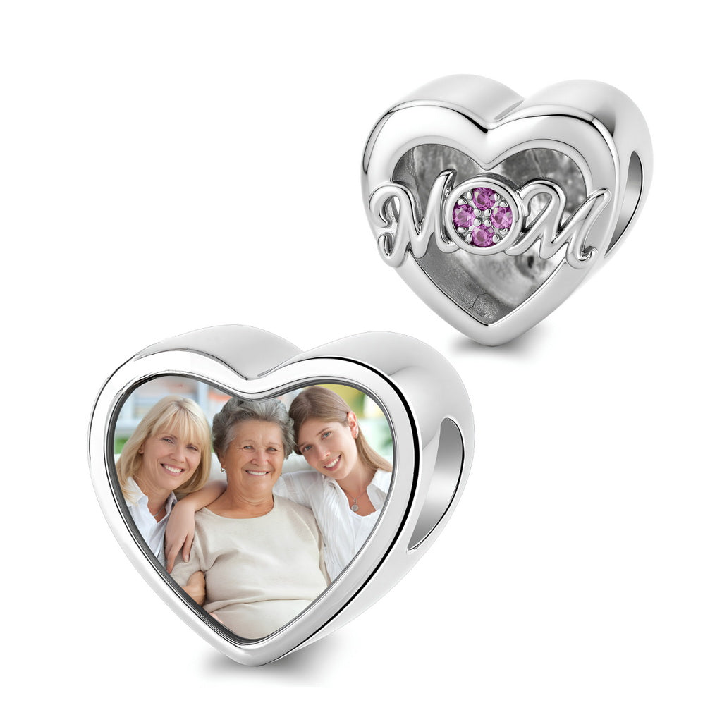 Personalized picture heart-shaped charm featuring script MOM text and pink stones.