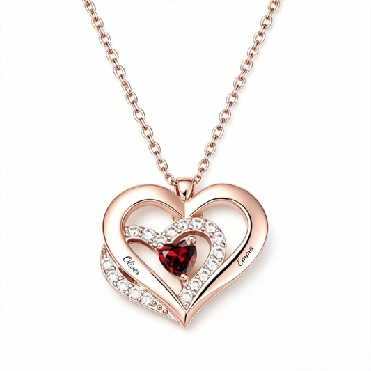 Rose gold heart birthstone necklace front view