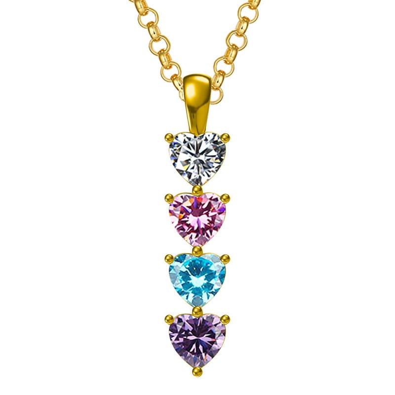 Custom-made Gold Plated necklace featuring four heart-shaped family birthstones.