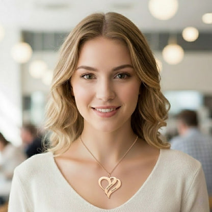 Personalized Double Heart Name Necklace,Custom Engraved Sterling Silver Couples Pendant