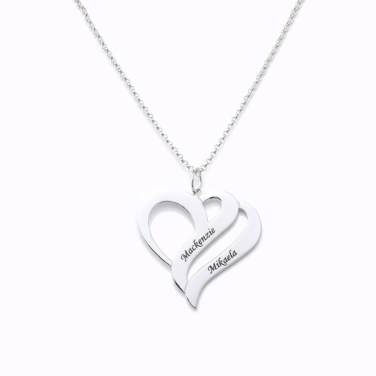 Personalized Double Heart Name Necklace,Custom Engraved Sterling Silver Couples Pendant