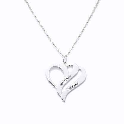 Personalized Double Heart Name Necklace,Custom Engraved Sterling Silver Couples Pendant