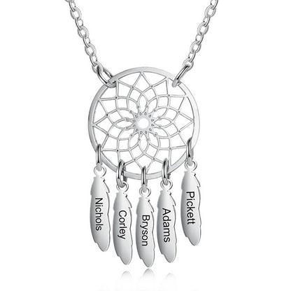 Personalized Dream Catcher Necklace with Custom Names,Engraved Feather Jewelry for Mom