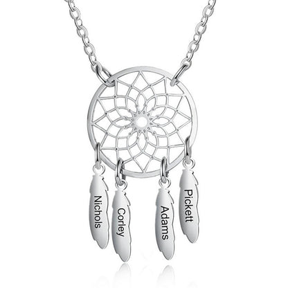 Personalized Dream Catcher Necklace with Custom Names,Engraved Feather Jewelry for Mom