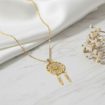 Personalized Dream Catcher Necklace with Custom Names,Engraved Feather Jewelry for Mom