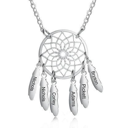 Personalized Dream Catcher Necklace with Custom Names,Engraved Feather Jewelry for Mom