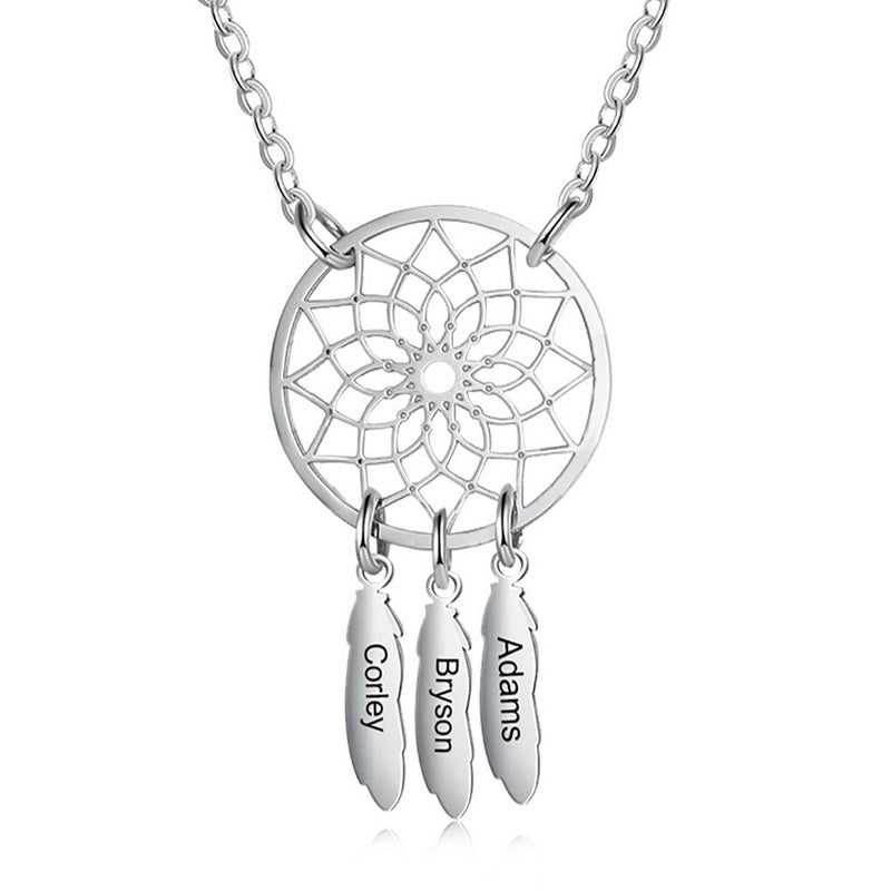 Personalized Dream Catcher Necklace with Custom Names,Engraved Feather Jewelry for Mom