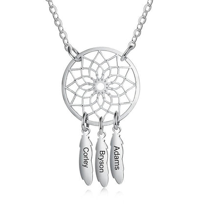 Personalized Dream Catcher Necklace with Custom Names,Engraved Feather Jewelry for Mom