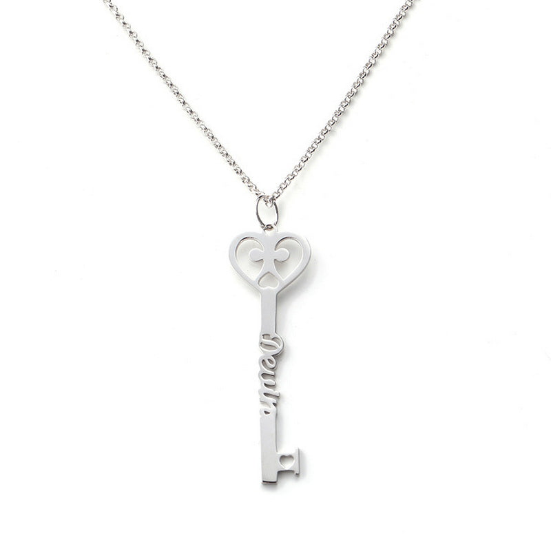 Personalized Name Heart Key Necklace,Gold & Rose Gold Custom Engraved Jewelry