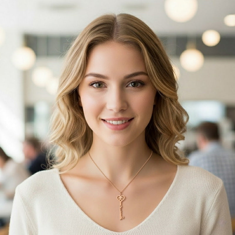 Personalized Name Heart Key Necklace,Gold & Rose Gold Custom Engraved Jewelry
