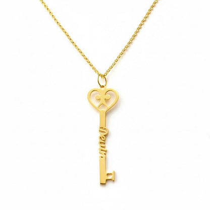 Personalized Name Heart Key Necklace,Gold & Rose Gold Custom Engraved Jewelry