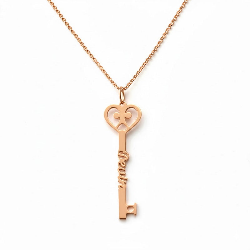 Personalized Name Heart Key Necklace,Gold & Rose Gold Custom Engraved Jewelry