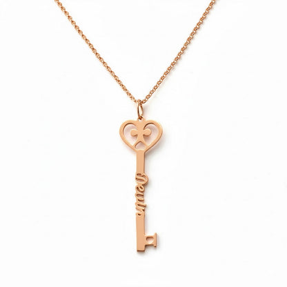 Personalized Name Heart Key Necklace,Gold & Rose Gold Custom Engraved Jewelry
