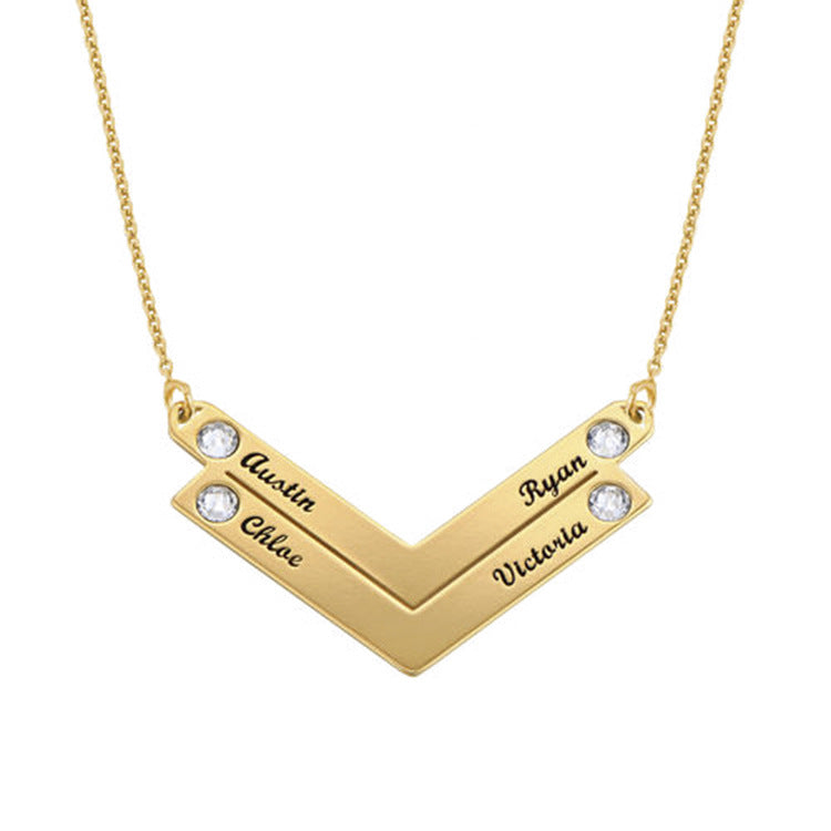 Personalized V-Shaped Family Birthstone Necklace with Custom Name Engravings