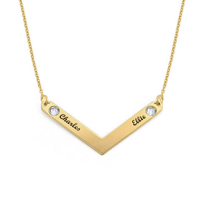 Personalized V-Shaped Family Birthstone Necklace with Custom Name Engravings