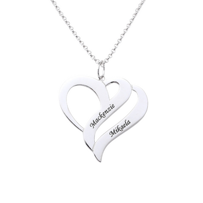 Personalized Double Heart Name Necklace,Custom Engraved Sterling Silver Couples Pendant