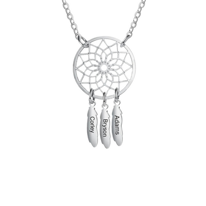 Personalized Dream Catcher Necklace with Custom Names,Engraved Feather Jewelry for Mom