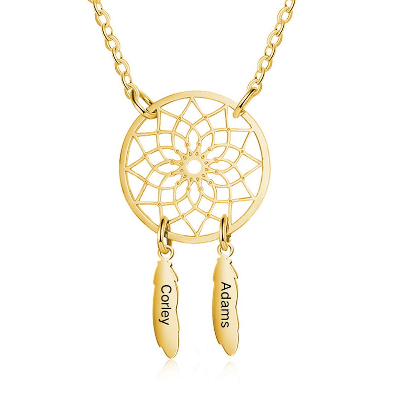 Personalized Dream Catcher Necklace with Custom Names,Engraved Feather Jewelry for Mom