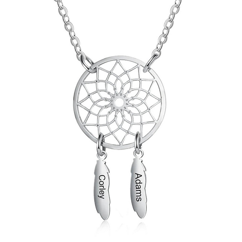 Personalized Dream Catcher Necklace with Custom Names,Engraved Feather Jewelry for Mom
