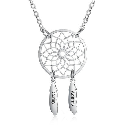 Personalized Dream Catcher Necklace with Custom Names,Engraved Feather Jewelry for Mom