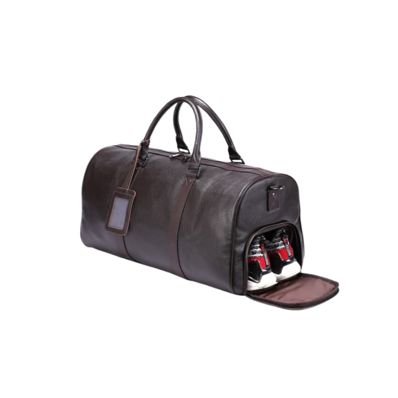 Large capacity personalized brown bag with monogram, perfect for gym gear, weekend trips, or travel.