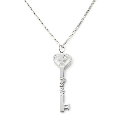 Personalized Name Heart Key Necklace,Gold & Rose Gold Custom Engraved Jewelry