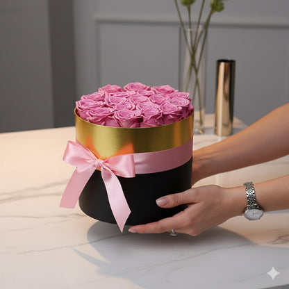 Close-up of purple preserved roses with "For You" on the lid. Mother's Day gift.