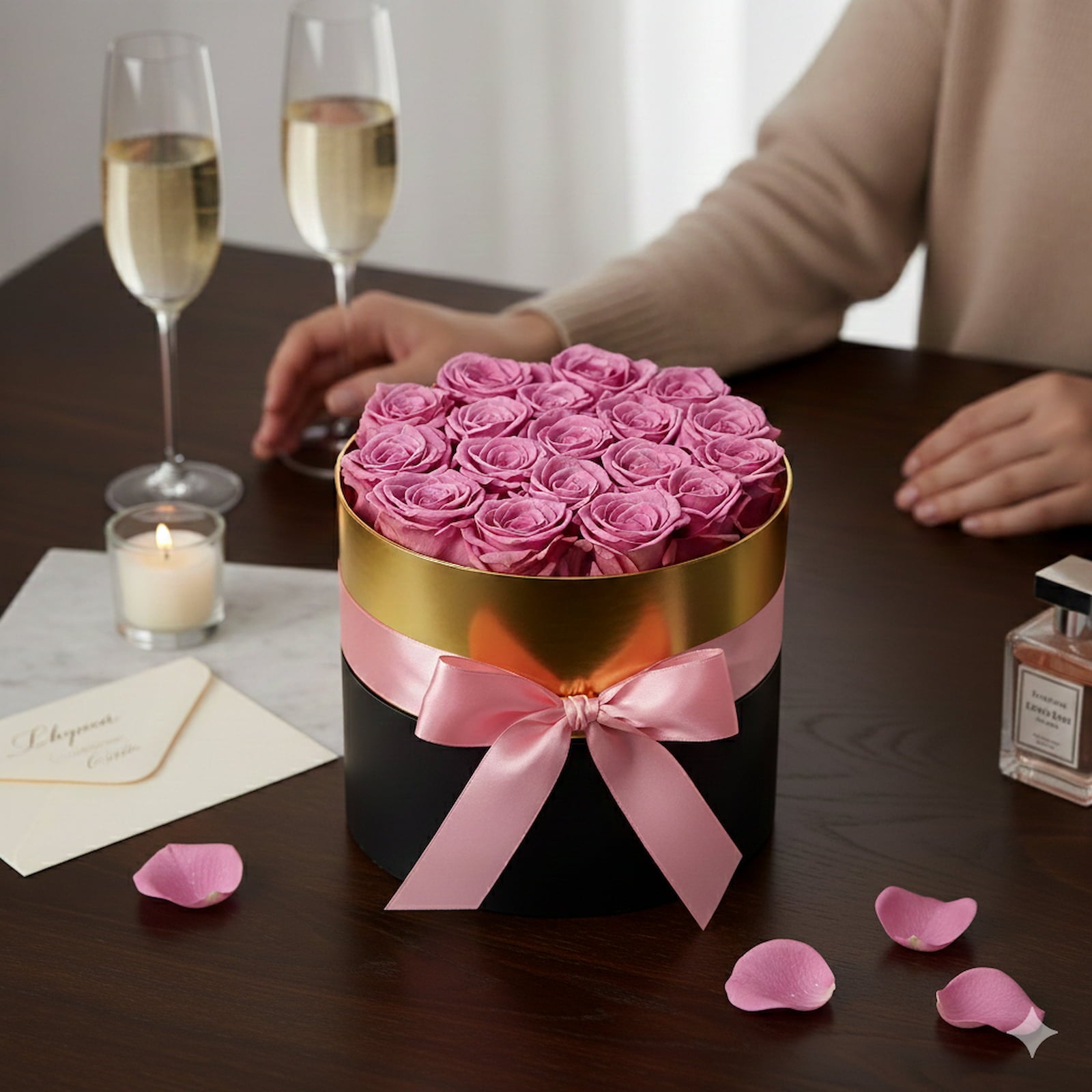Black box of pink preserved roses in a romantic setting, ideal birthday gift.