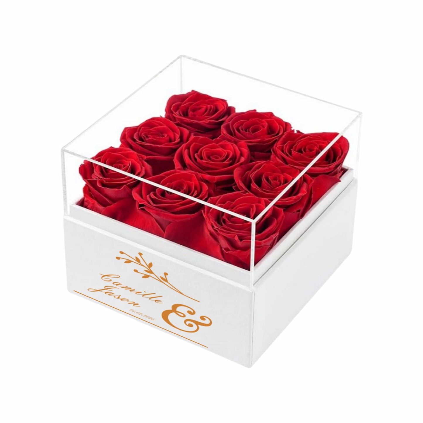 Red preserved roses in a box; ideal Valentines Day gift for her, wife, or mom.