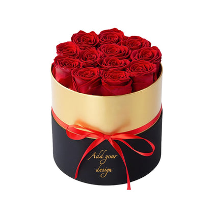Luxury red preserved roses in a black and gold box. Long lasting romantic gift.