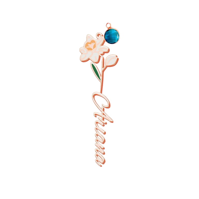 Personalized Floral Name Necklace Charms with Birthstones - Custom Flower & Name Jewelry