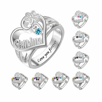 S925 sterling silver personalized grandma ring assortment, heart shape, name engraving.