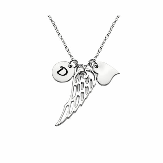 Personalized Angel Wing Necklace, 925 Sterling Silver, Initial D Charm.