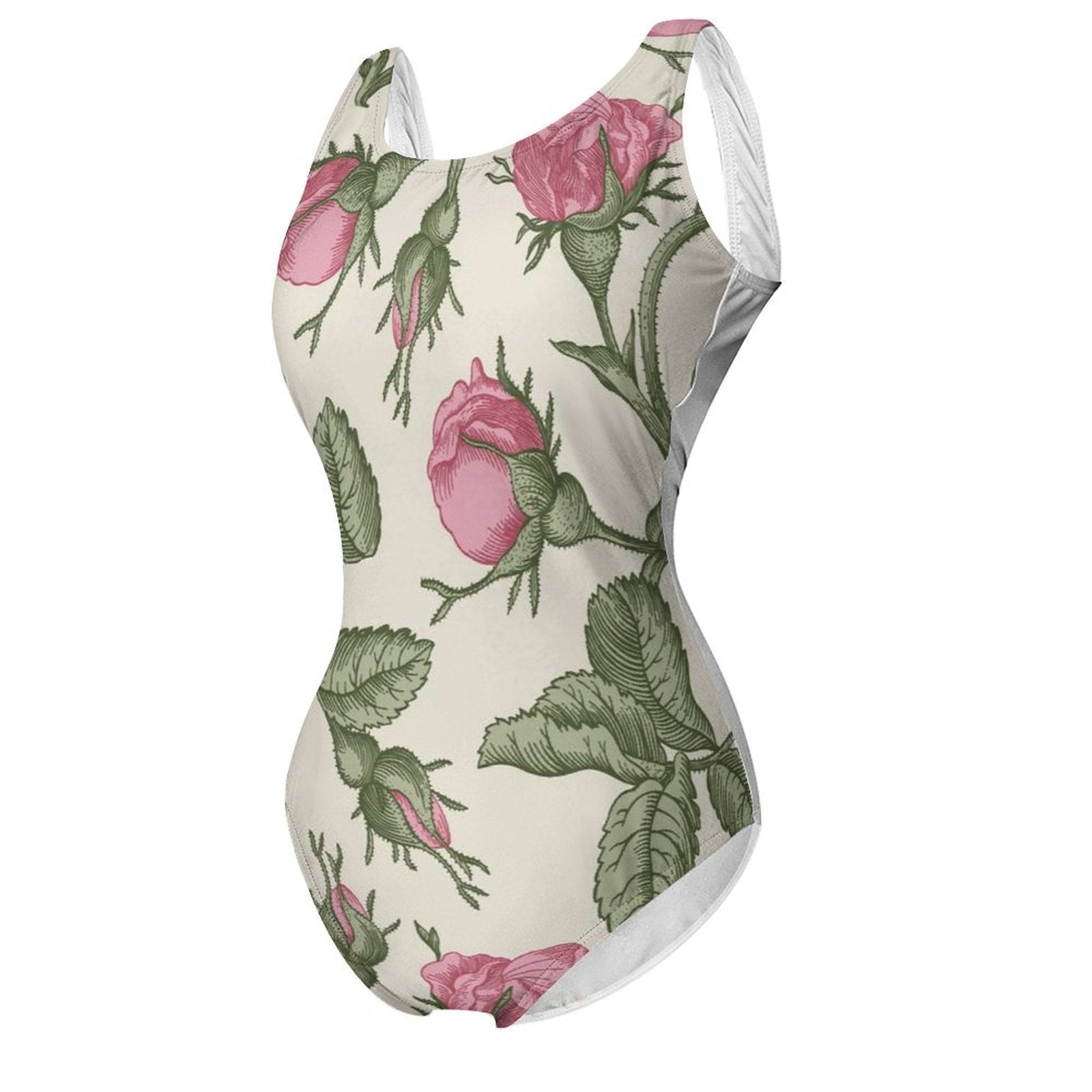 Athletic modest bathing suit with vintage rose print, color block side panels.