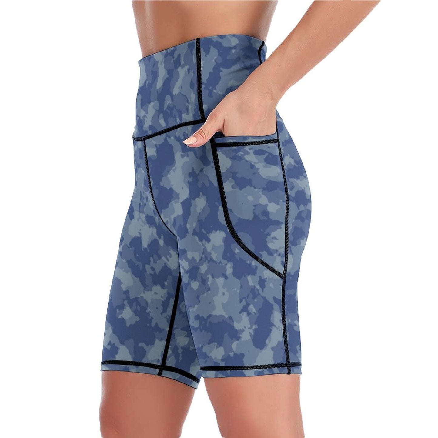 Women's high waisted athletic yoga shorts, camo print, side view with pocket.