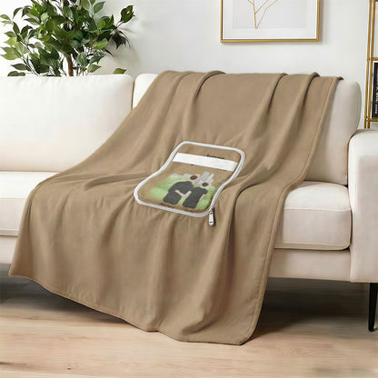 Custom photo blanket for dad on white sofa
