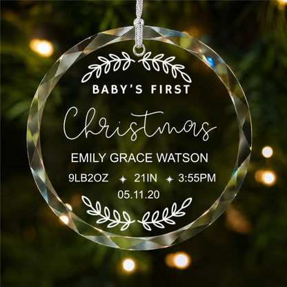 Baby's First Christmas Birth Stats Design personalized glass ornament main product view