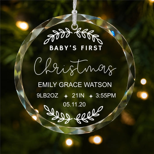 Baby's First Christmas Birth Stats Design personalized glass ornament main product view