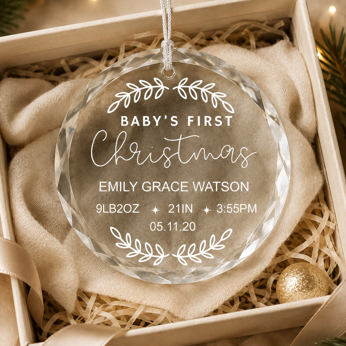 Baby's First Christmas Birth Stats Design personalized glass ornament gift box presentation
