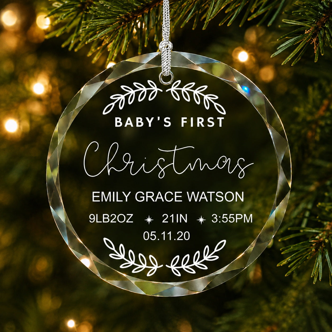 Baby's First Christmas Birth Stats Design personalized glass ornament Christmas tree display