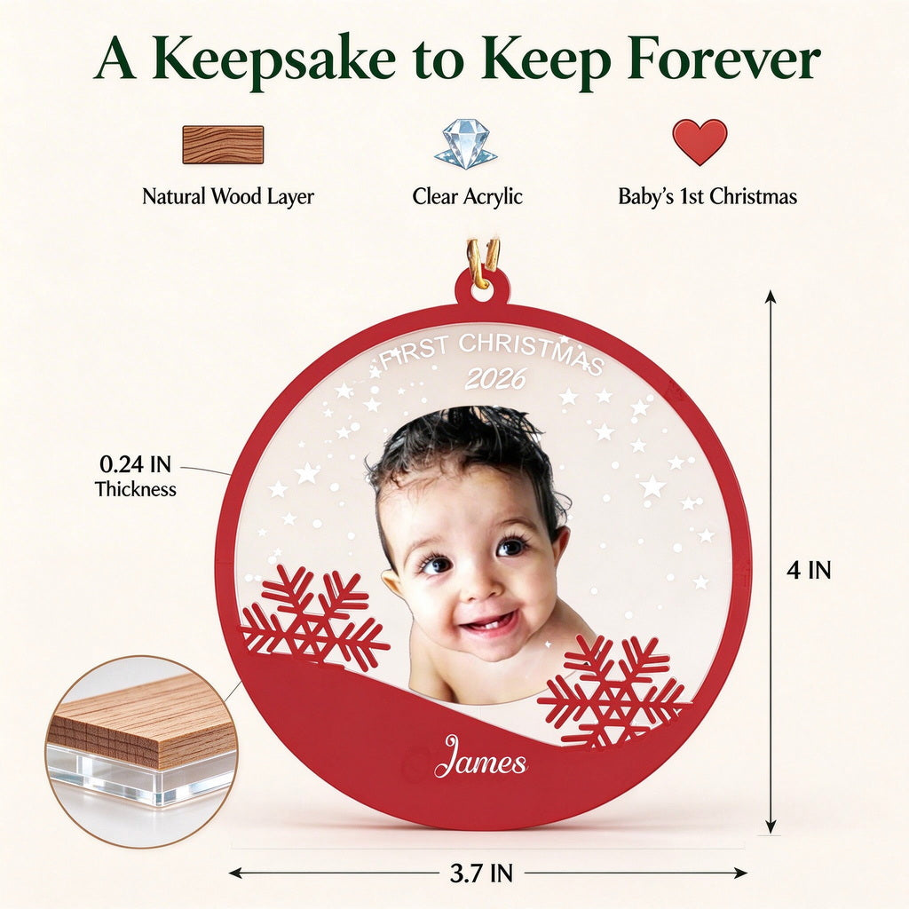 Personalized Baby Photo Christmas Ornament with Name and First Christmas Year - size or option details