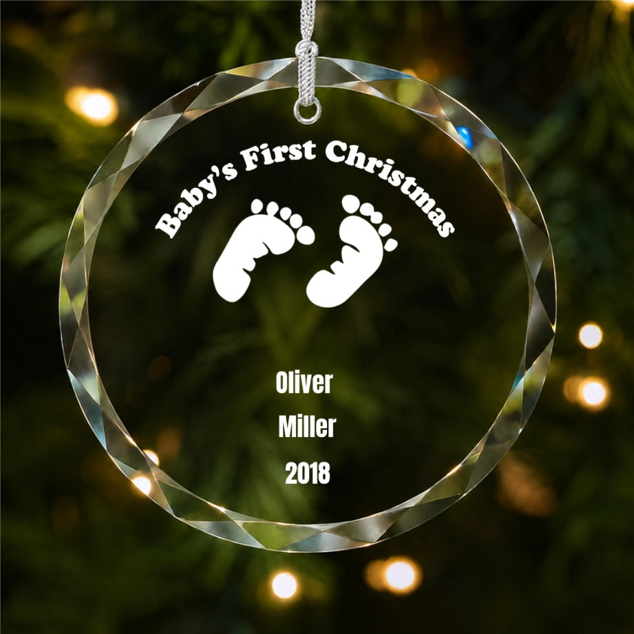 Baby's First Christmas Footprint Design personalized glass ornament main product view