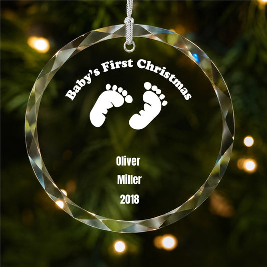 Baby's First Christmas Footprint Design personalized glass ornament main product view