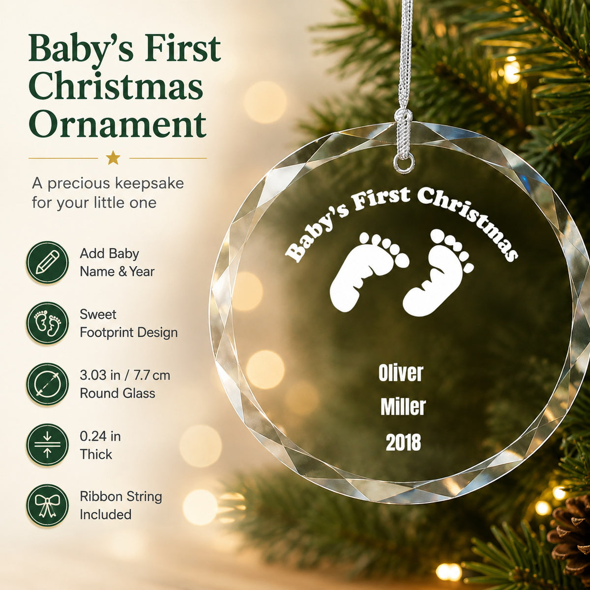 Baby's First Christmas Footprint Design personalized glass ornament personalized detail view