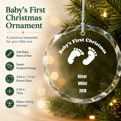 Baby's First Christmas Footprint Design personalized glass ornament personalized detail view